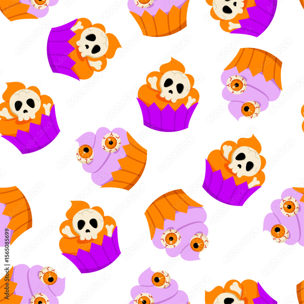 Naklejka premium Halloween cupcakes seamless pattern. Vector Halloween repeat print with cute little cake, decorated with skulls, bones and zombie eyes. Funny texture for fabric, decor, wrapping, backdrop, background.