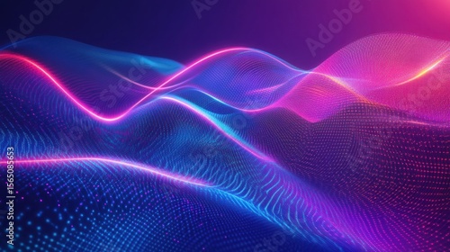 A dynamic abstract design with sharp neon light streaks, glowing geometric shapes, and vibrant digital grids in shades of purple, blue, and electric pink