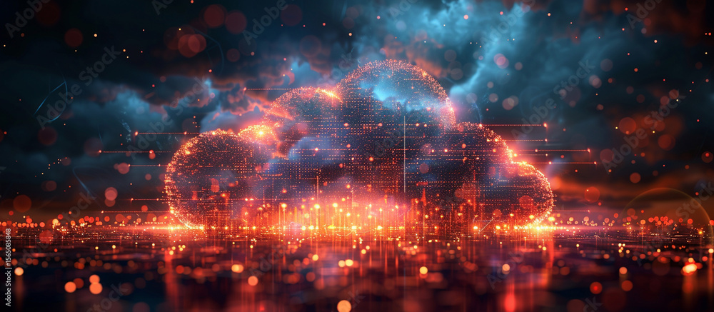 Naklejka premium Abstract cloud computing cityscape at night.