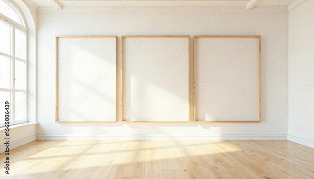 Fototapeta premium Empty interior room with large windows and wooden floor in modern home design