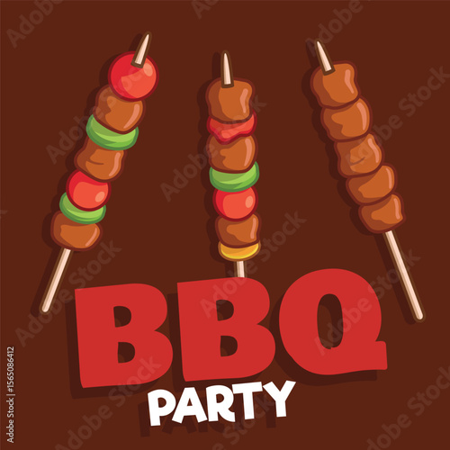 Vector illustration of three shashlik with grilled meat and vegetables. Kebab, shashlik, grilled on a skewer, food meat in cartoon style and bbq party