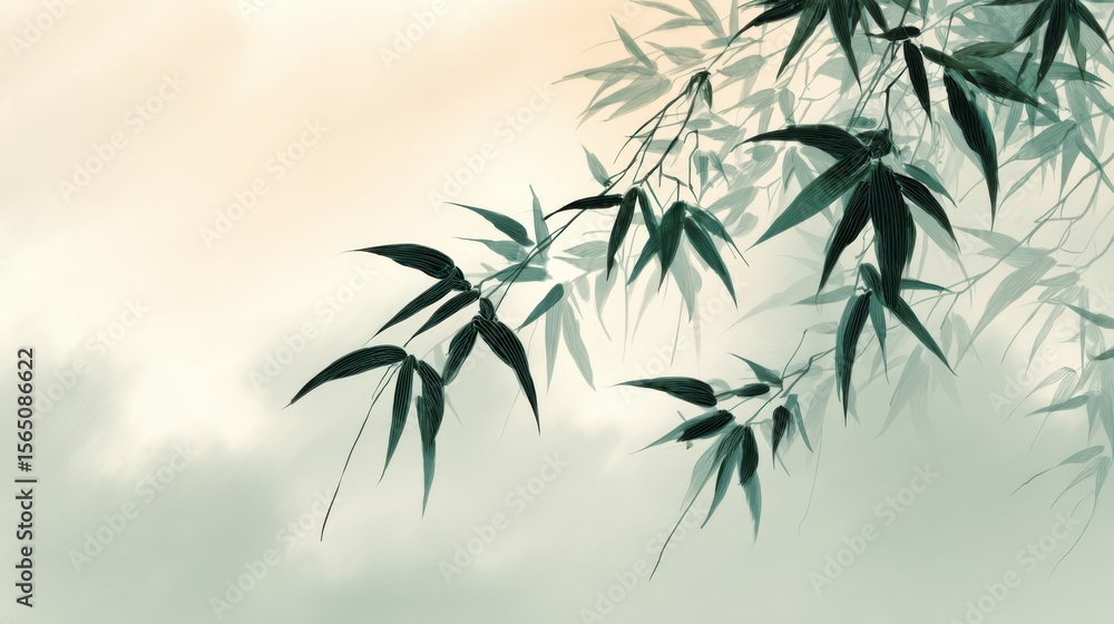 Fototapeta premium Gentle bamboo leaves swaying softly in the wind against a pale sky, representing lightness and calm