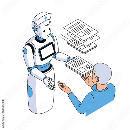 AI robot assisting elderly patient with documents.