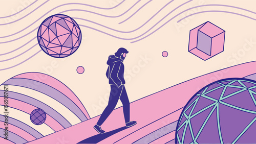 A man walking on a pink and purple landscape with geometric shapes floating in the background illustration