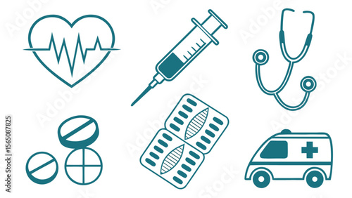 Illustration showing medical themed icons including heart rate, syringe, and ambulance in teal color