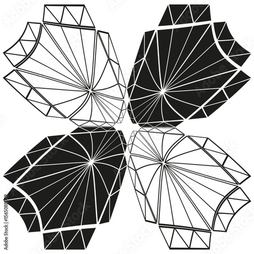 Petal gem icons. Rotated diamond slices. Sparkling crystalline cross. Vector gemstone quartet.