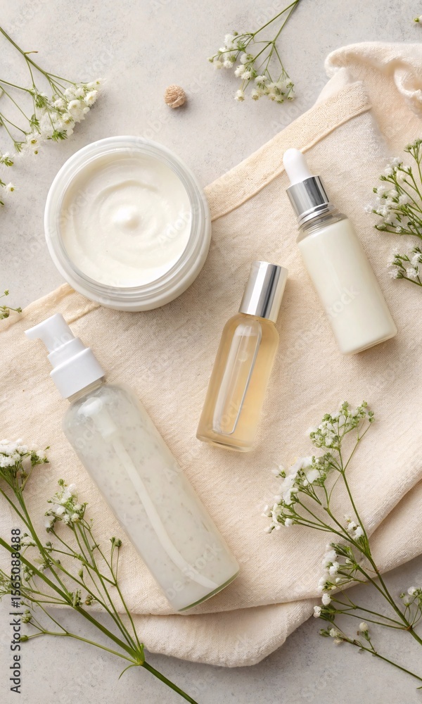 fresh herbs and olive oil, Top-down view of self-care products with minimal label-free packaging, soft tone fresh herbs and olive oil, Top-down view of self-care products with minimal label-free packaging, soft tone