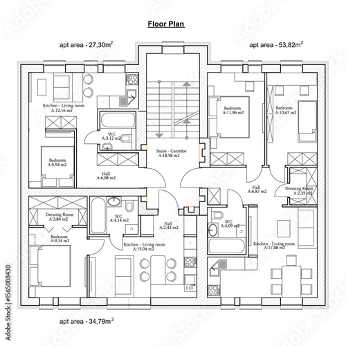 Vector architectural project of a multistory building floor plan	
