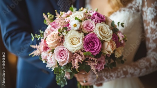 Close-up of a beautiful wedding bouquet held by a couple