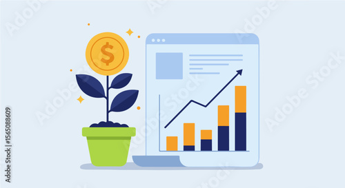 "Financial growth and investment: Golden coin plant and rising charts. Represents strategic finance, wealth accumulation, and achieving economic independence through smart planning &market prosperity