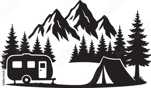 Campsite Scene with Caravan Tent Mountains Pine Forest Silhouette