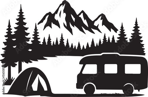 Family Camping Vacation Silhouette with Tent Caravan Trees