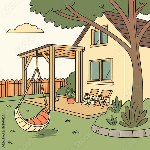 Cozy backyard with hanging chair and plants in pots House patio with fence, furniture for picnic green grass and tree Summer landscape of yard Vector cartoon illustration 