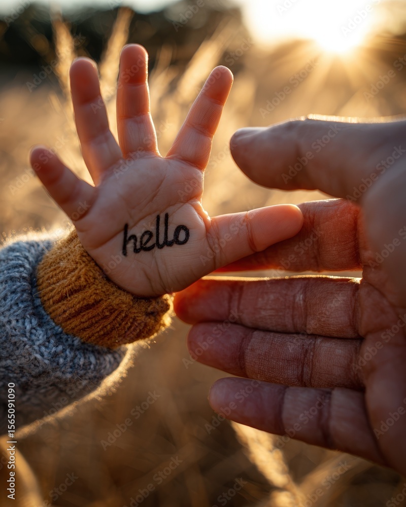 Obraz premium Child's hand with hello written on palm reaching towards an adult hand backlit golden field