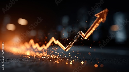 Glowing upward arrow graph made of digital particles, symbolizing growth and success on a dark background with bokeh lights.
