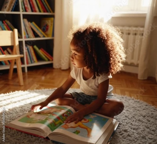 A young girl sitting on the floor reading a picture book with curiosity and focus