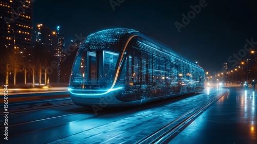 Futuristic tram illuminated by city lights on a bustling urban street at night