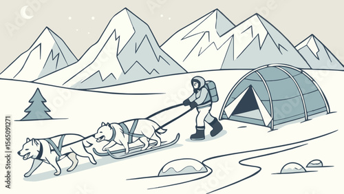 A person with dogs sledding in a snowy landscape with mountains and a tent in the background scenery