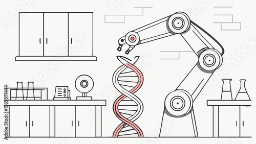 Robotic arm manipulating a dna strand in a laboratory setting with equipment and furniture shown