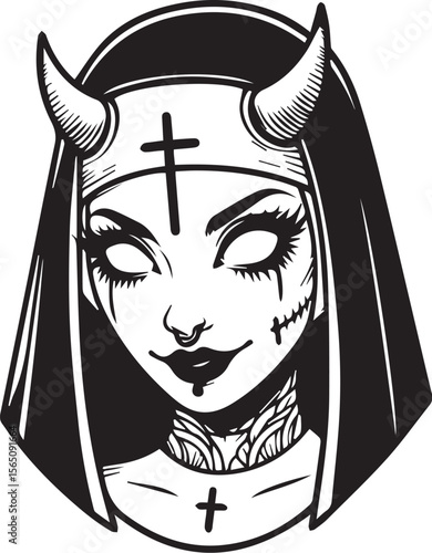 Dark Nun with Horns and Piercings Illustration