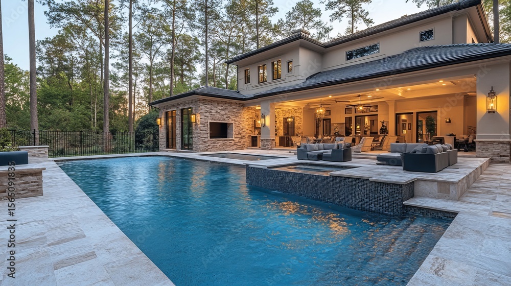 Obraz premium Luxury backyard oasis with pool and modern architecture at twilight in a serene wooded area