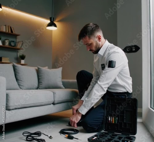 A male technician kneeling while fixing a smart home device near a wall outlet.