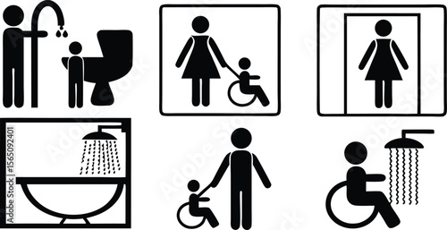Accessibility Icons Set,Wheelchair, Restroom, and Family Friendly Symbols,medical assistance symbols,restroom and accessibility icon set,seating options,Eight minimalist restroom accessibility signs,