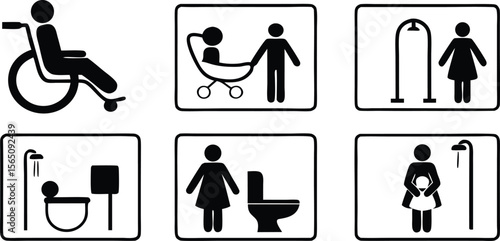 Accessibility Icons Set,Wheelchair, Restroom, and Family Friendly Symbols,medical assistance symbols,restroom and accessibility icon set,seating options,Eight minimalist restroom accessibility signs,