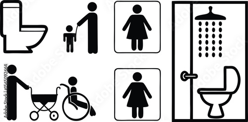 Accessibility Icons Set,Wheelchair, Restroom, and Family Friendly Symbols,medical assistance symbols,restroom and accessibility icon set,seating options,Eight minimalist restroom accessibility signs,