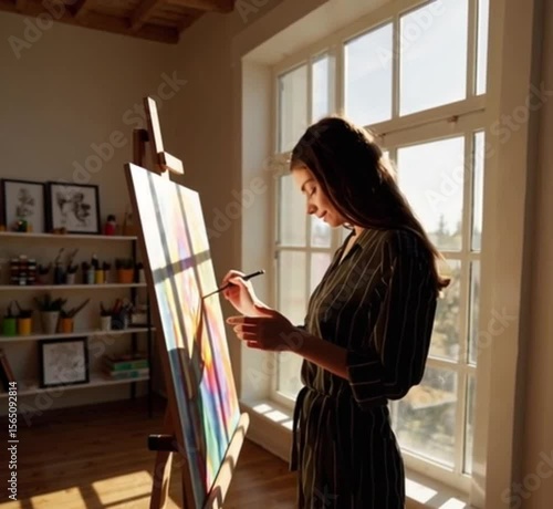 A young female artist painting on a large canvas in a sunny home studio