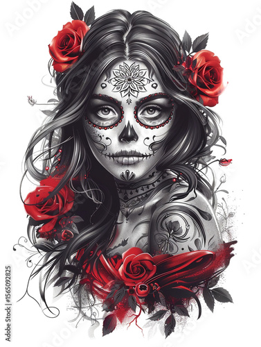 Dia de los Muertos Girl Sugar Skull, Roses, and Tattoo Art