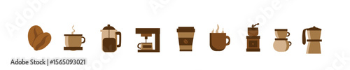 Flat Coffee Icon Set - Coffee Cup, Coffee Bean, Grinder, French Press, Moka Pot, Minimalist Style, Vector Illustration

