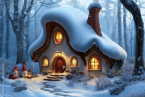 Enchanting Winter Wonderland: Snow-Covered Fairy Tale House in a Misty Forest
