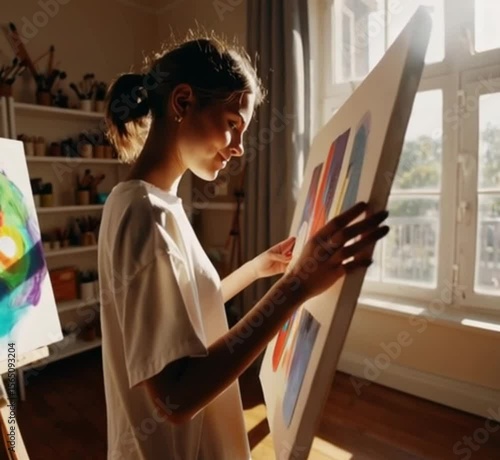 A young female artist painting on a large canvas in a sunny home studio