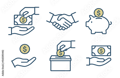 Set of financial icons with hand gestures, money, handshake, donation and savings concepts