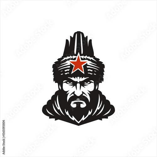 Vector illustration of a fierce warrior with an intense expression, wearing a star-emblazoned hat and fur collar. The monochrome design highlights the warrior's stern gaze and determined demeanor.