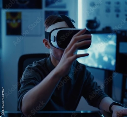 A young man sitting at a desk with a VR headset, interacting with virtual objects in mid-air