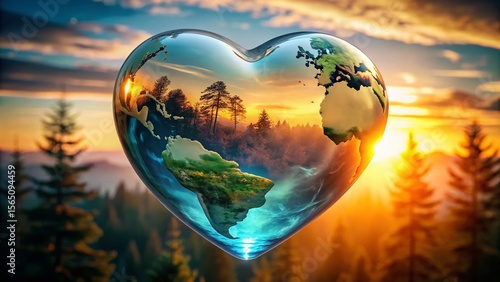 Heart-Shaped Indigo Globe: Sunrise Earth Love & Environmental Care Stock Photo
