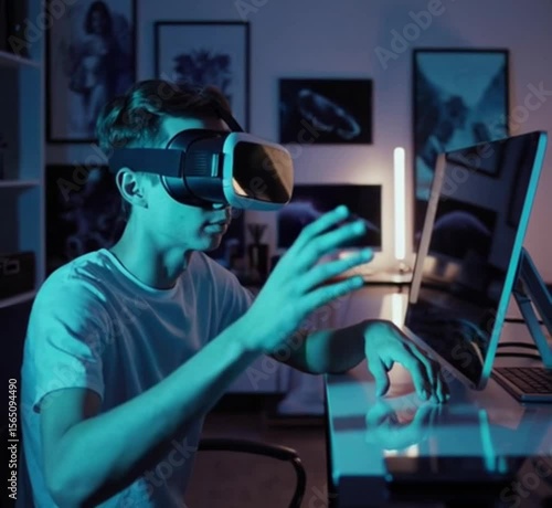 A young man sitting at a desk with a VR headset, interacting with virtual objects in mid-air