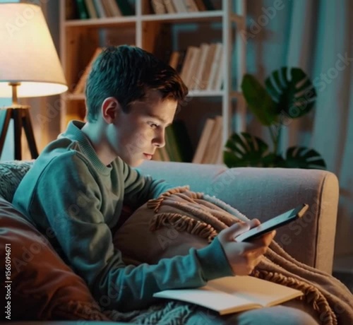 A teenage boy watching an educational video on his tablet in a cozy corner at home