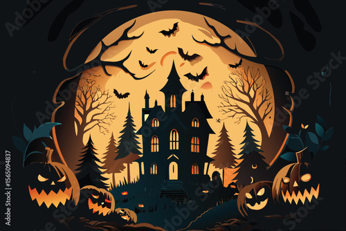 Spooky Halloween night with haunted castle and pumpkin, silhouetted against a dark moonlit sky with bats and trees