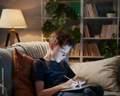 A teenage boy watching an educational video on his tablet in a cozy corner at home