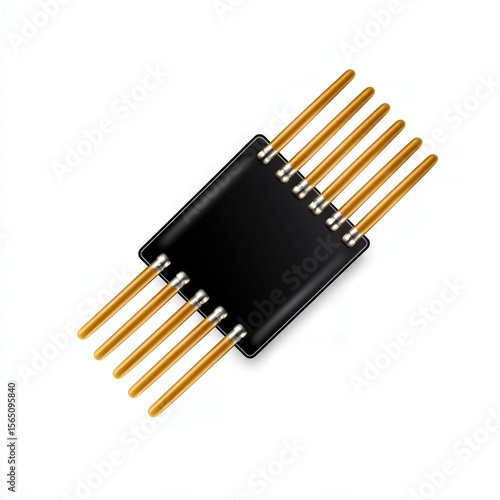 Detailed Black Integrated Circuit Chip with Metallic Gold Pins on White Background
