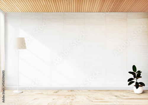 Natural Wood Ceiling with White Sofa Background and Small Green Plants, Cozy Eco-Friendly Living Room Ambiance