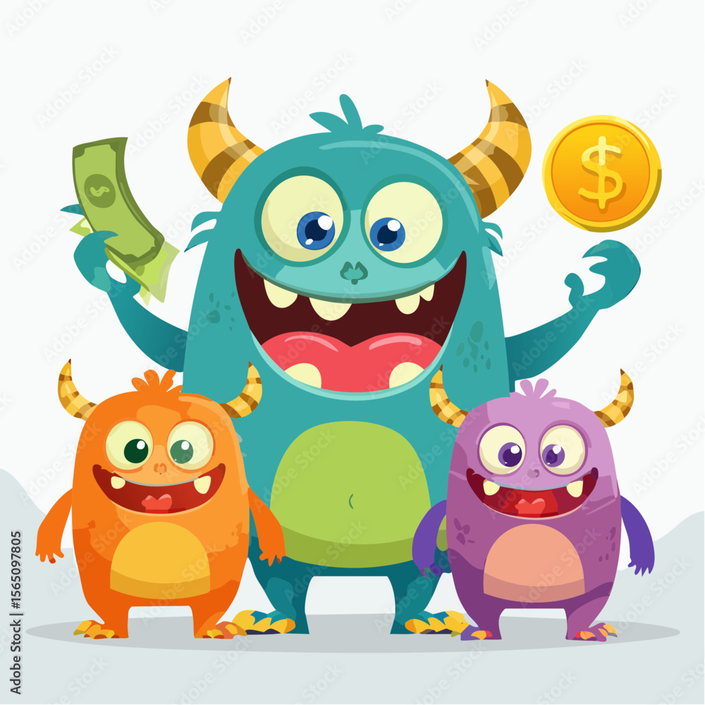 Naklejka premium Friendly monster characters teaching about money