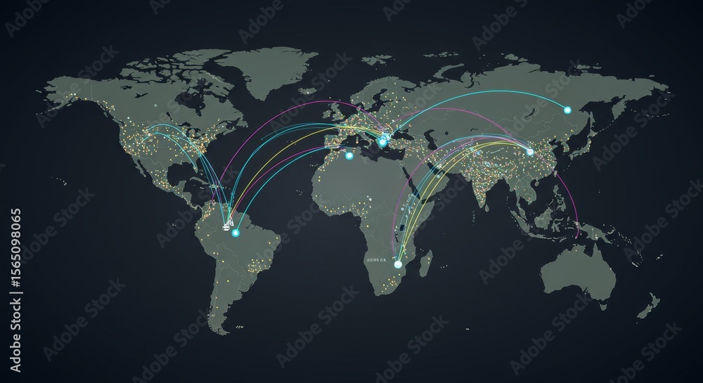 Obraz premium Global Network Connections - A stylized world map illustrating interconnectedness through glowing lines representing global communication and data transfer