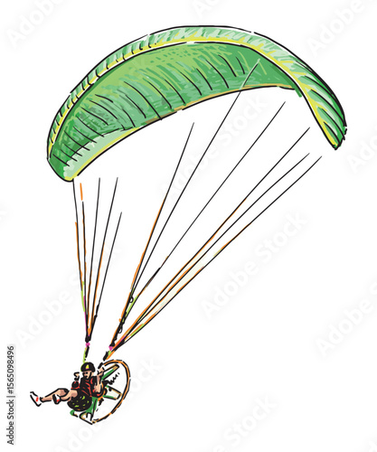 Paraglider person, green parachute flying in sky, extreme sport, sketch, hand drawn vector illustration isolated on white background