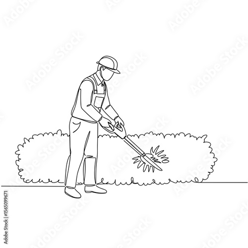 Gardener trimming a hedge with shears in a simple line drawing  