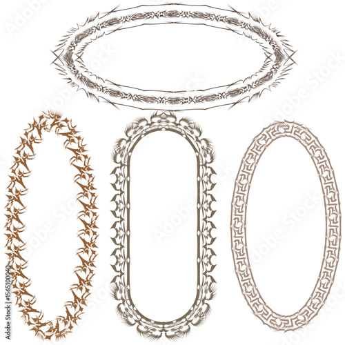 Beige chain frames. Light oval borders. Subtle loop set. Vector ring collection.