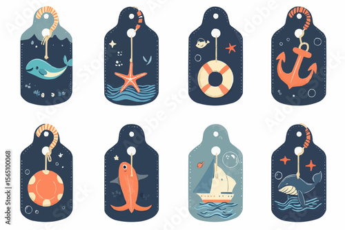 Playful flat marine tag collection with childlike boats, whales, lifebuoys and starfish on dark background for packaging, summer crafts and festive children’s decor

